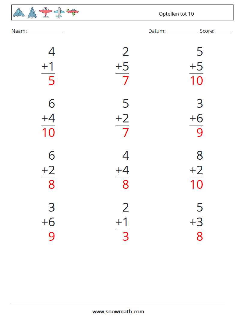 (12) Optellen tot 10 Wiskundige werkbladen 5 Vraag, Antwoord