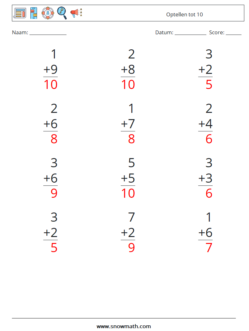 (12) Optellen tot 10 Wiskundige werkbladen 6 Vraag, Antwoord