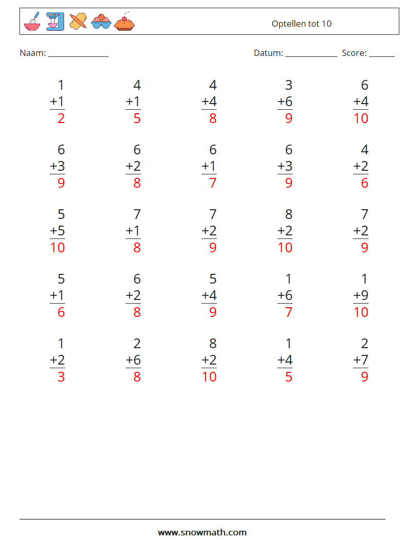 (25) Optellen tot 10 Wiskundige werkbladen 1 Vraag, Antwoord