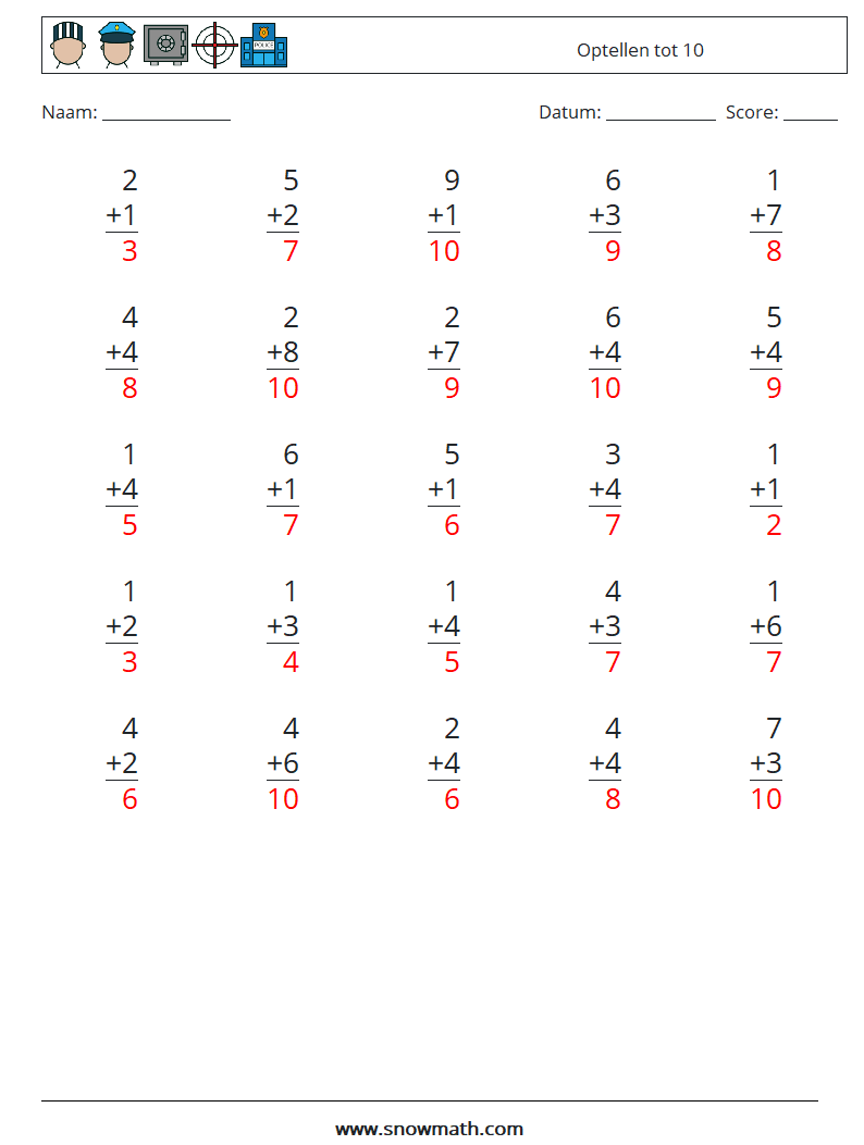 (25) Optellen tot 10 Wiskundige werkbladen 2 Vraag, Antwoord