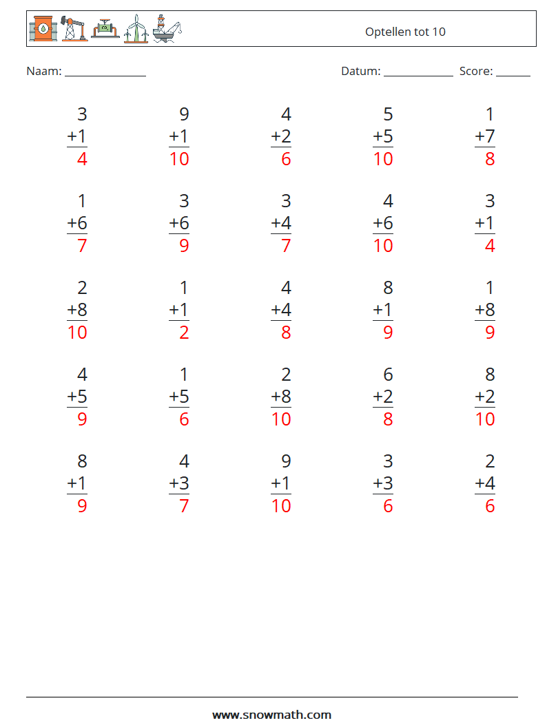 (25) Optellen tot 10 Wiskundige werkbladen 3 Vraag, Antwoord