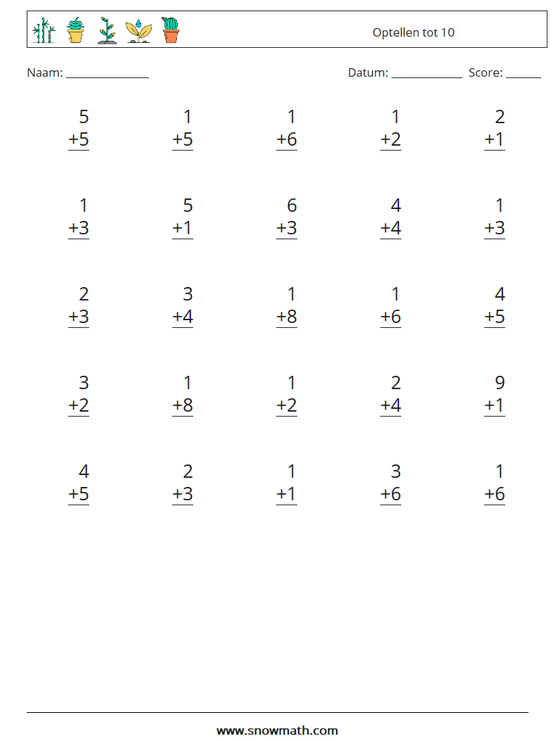 (25) Optellen tot 10 Wiskundige werkbladen 4