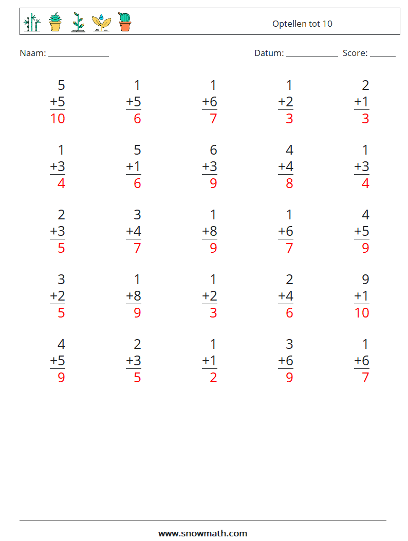 (25) Optellen tot 10 Wiskundige werkbladen 4 Vraag, Antwoord