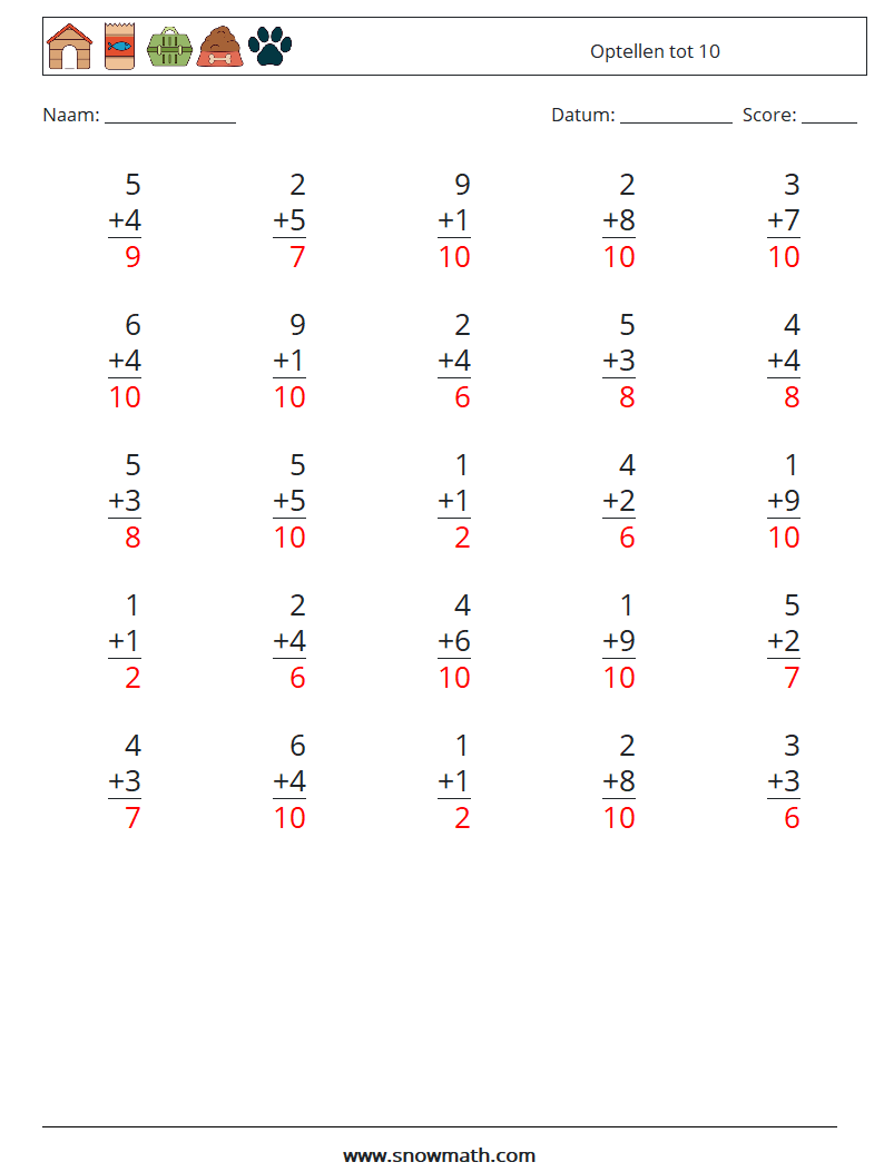 (25) Optellen tot 10 Wiskundige werkbladen 5 Vraag, Antwoord