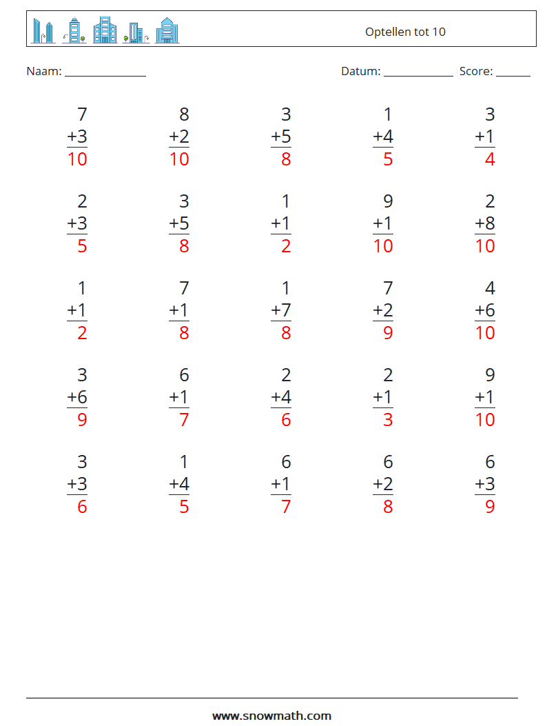 (25) Optellen tot 10 Wiskundige werkbladen 6 Vraag, Antwoord