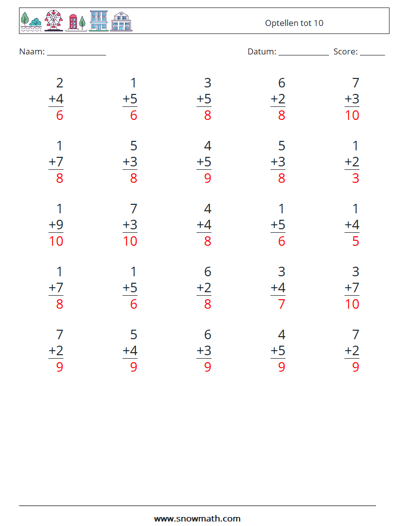 (25) Optellen tot 10 Wiskundige werkbladen 7 Vraag, Antwoord