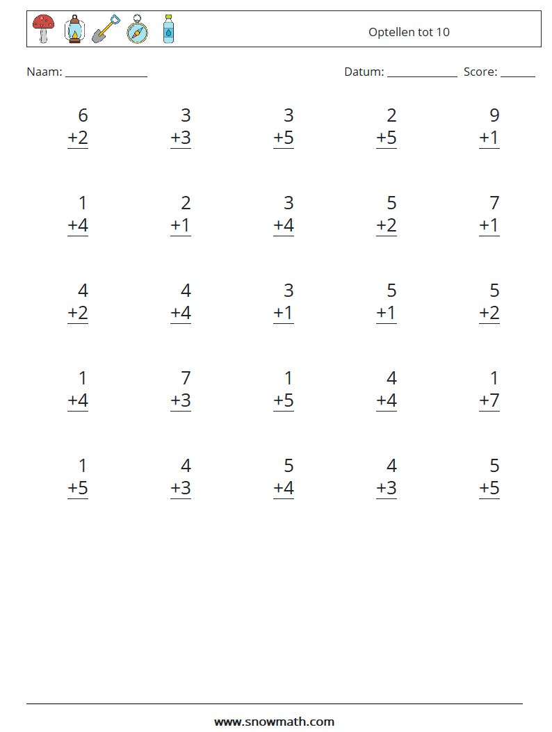 (25) Optellen tot 10 Wiskundige werkbladen 8