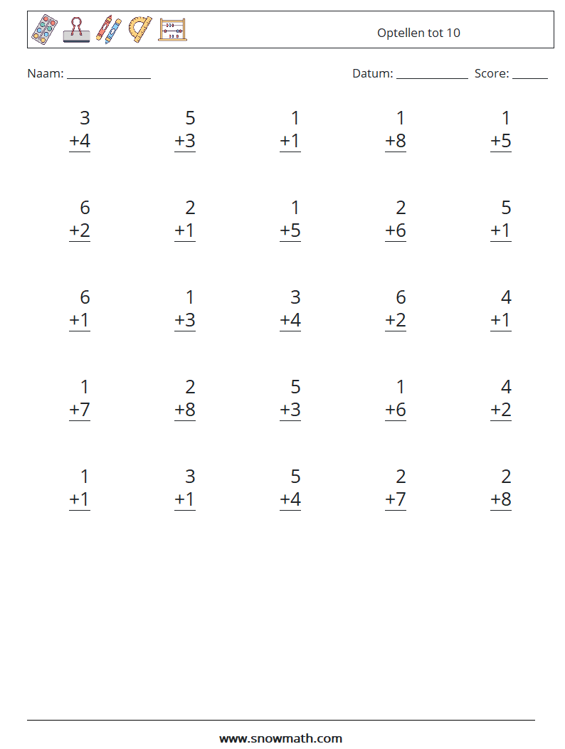(25) Optellen tot 10 Wiskundige werkbladen 9