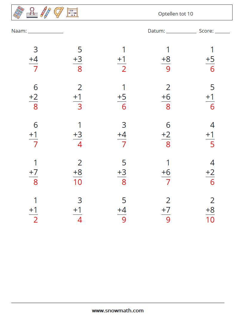 (25) Optellen tot 10 Wiskundige werkbladen 9 Vraag, Antwoord