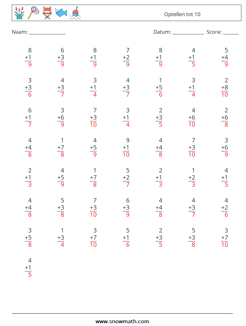 (50) Optellen tot 10 Wiskundige werkbladen 7 Vraag, Antwoord