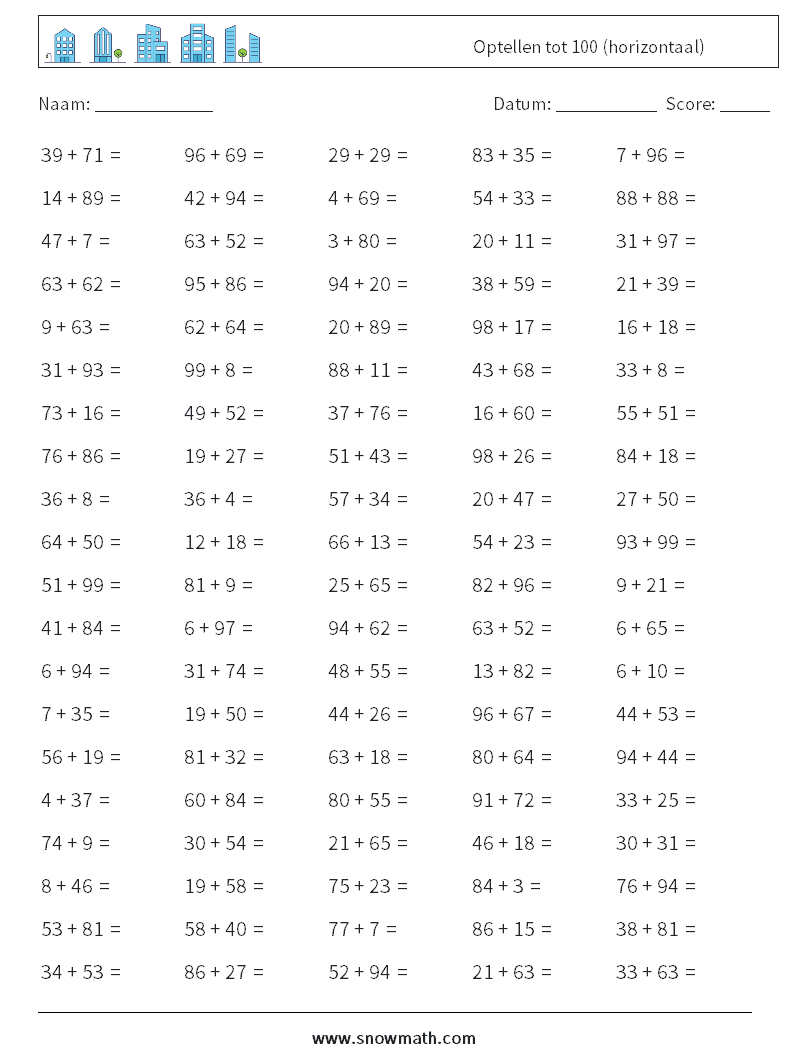 (100) Optellen tot 100 (horizontaal) Wiskundige werkbladen 2