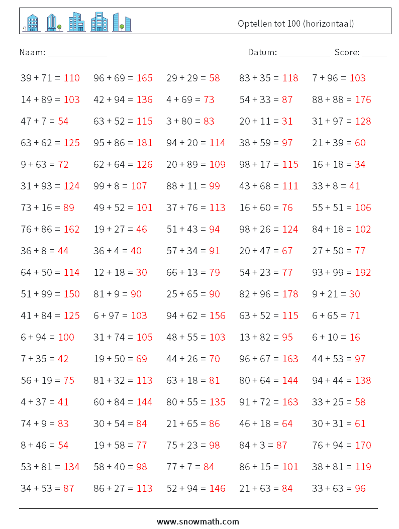 (100) Optellen tot 100 (horizontaal) Wiskundige werkbladen 2 Vraag, Antwoord