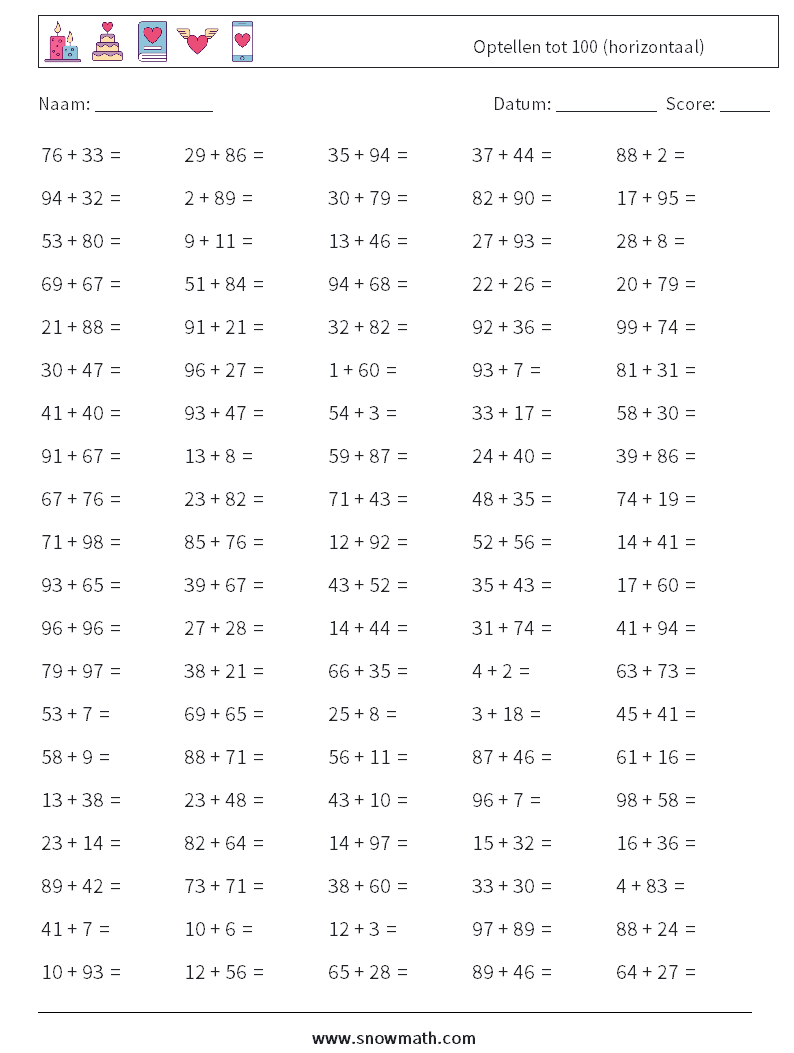 (100) Optellen tot 100 (horizontaal) Wiskundige werkbladen 3