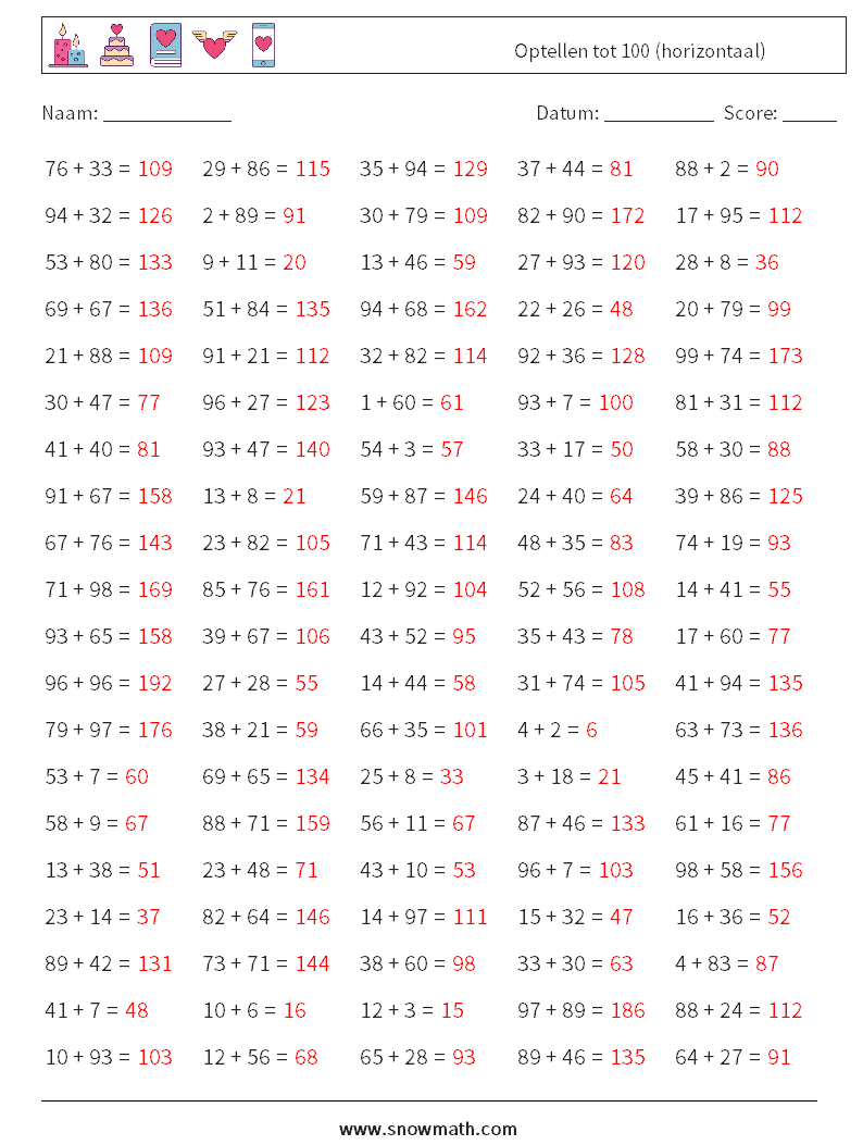 (100) Optellen tot 100 (horizontaal) Wiskundige werkbladen 3 Vraag, Antwoord