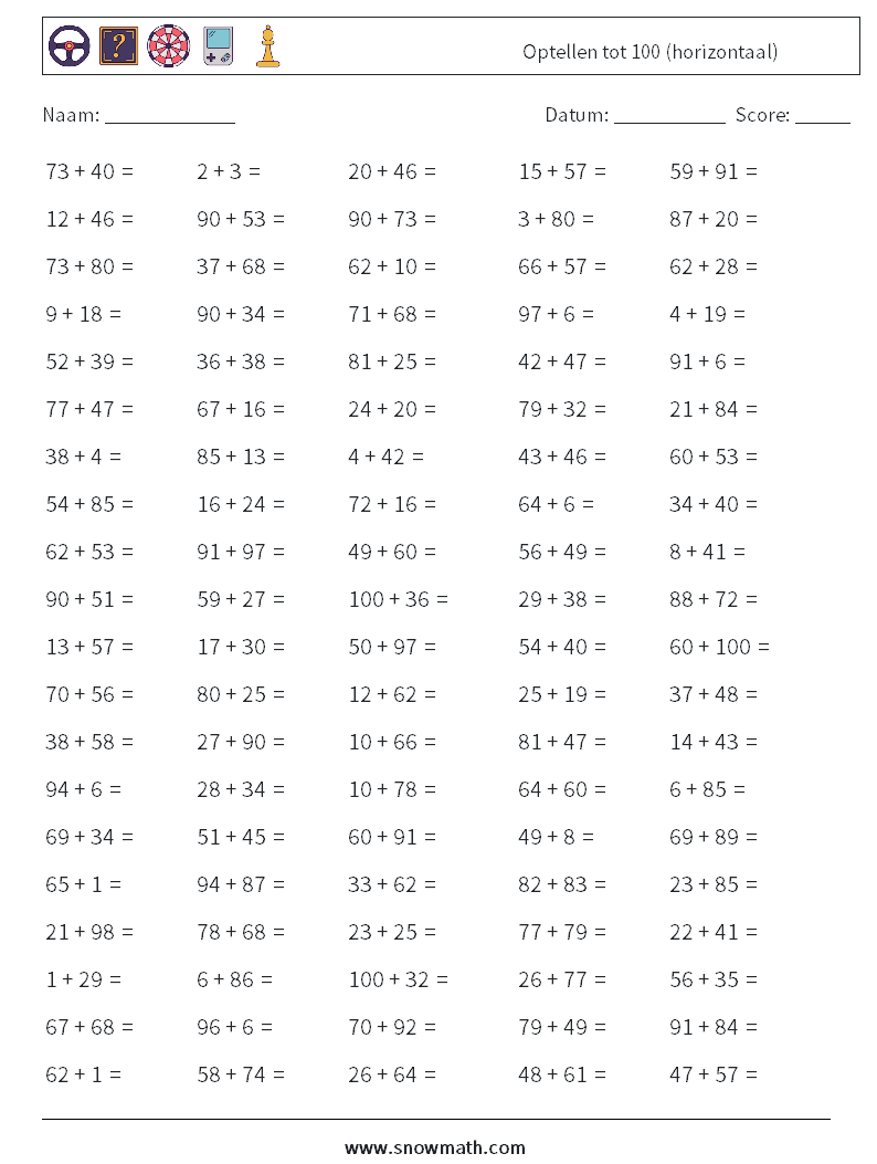 (100) Optellen tot 100 (horizontaal) Wiskundige werkbladen 4
