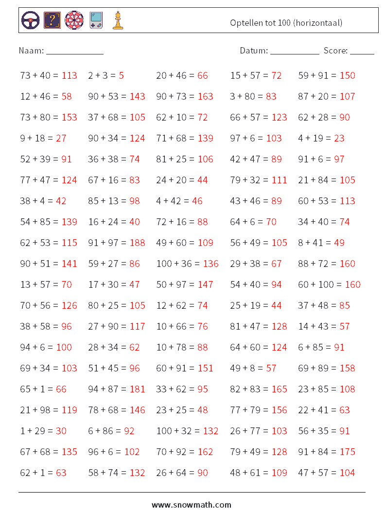 (100) Optellen tot 100 (horizontaal) Wiskundige werkbladen 4 Vraag, Antwoord