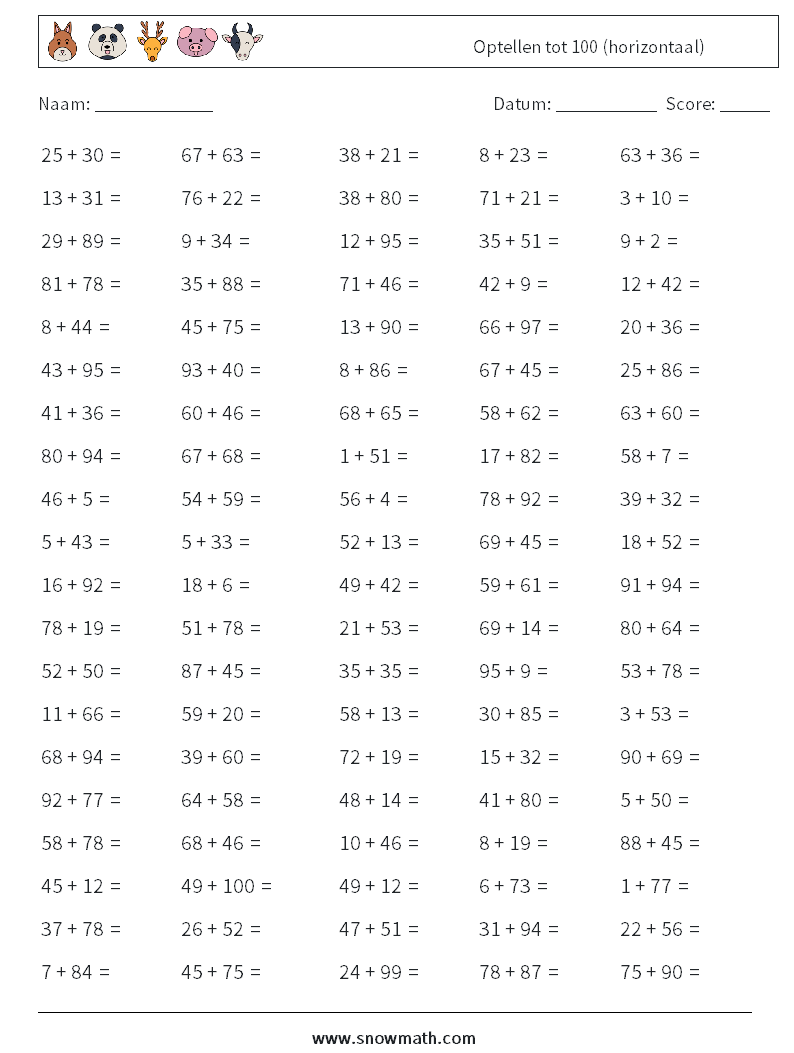 (100) Optellen tot 100 (horizontaal) Wiskundige werkbladen 6