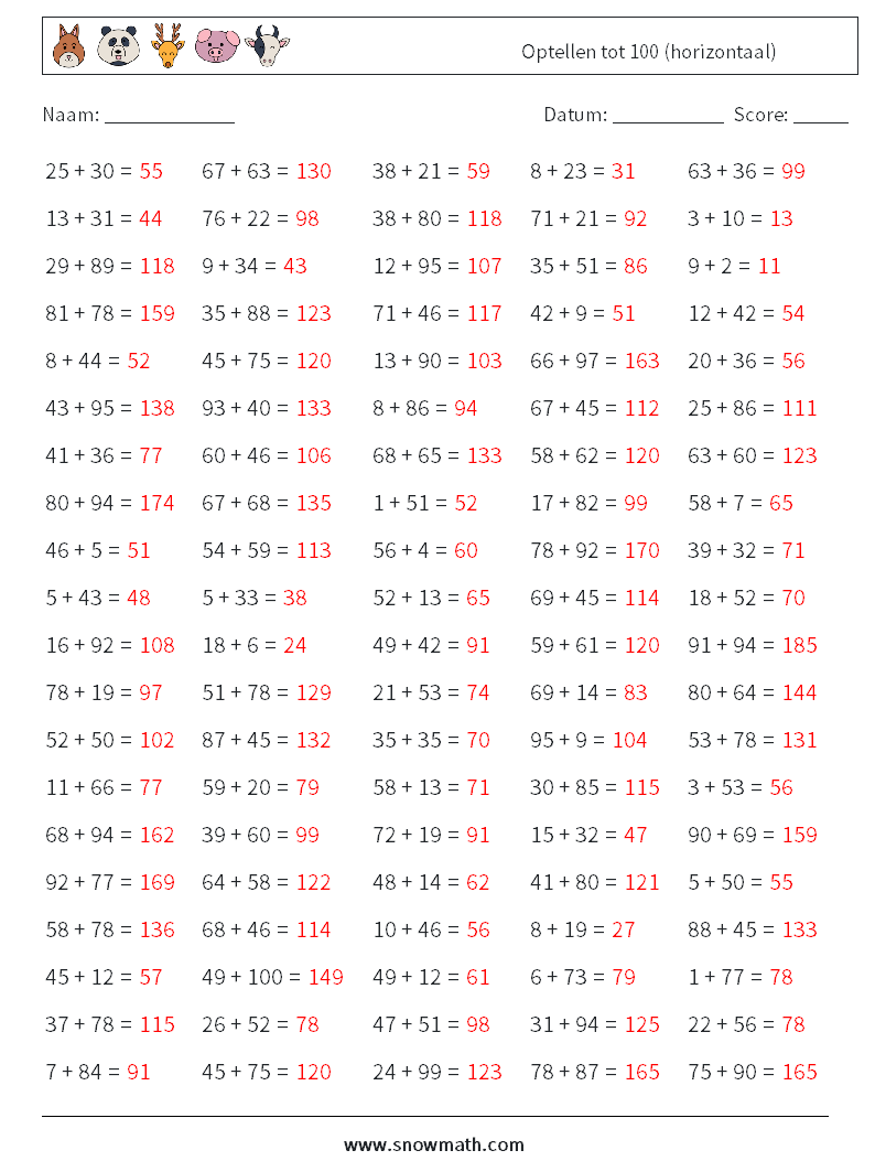 (100) Optellen tot 100 (horizontaal) Wiskundige werkbladen 6 Vraag, Antwoord