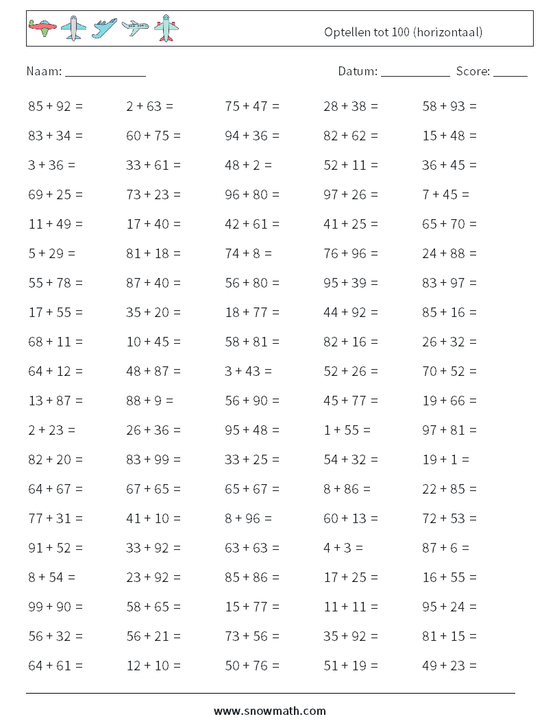 (100) Optellen tot 100 (horizontaal) Wiskundige werkbladen 7