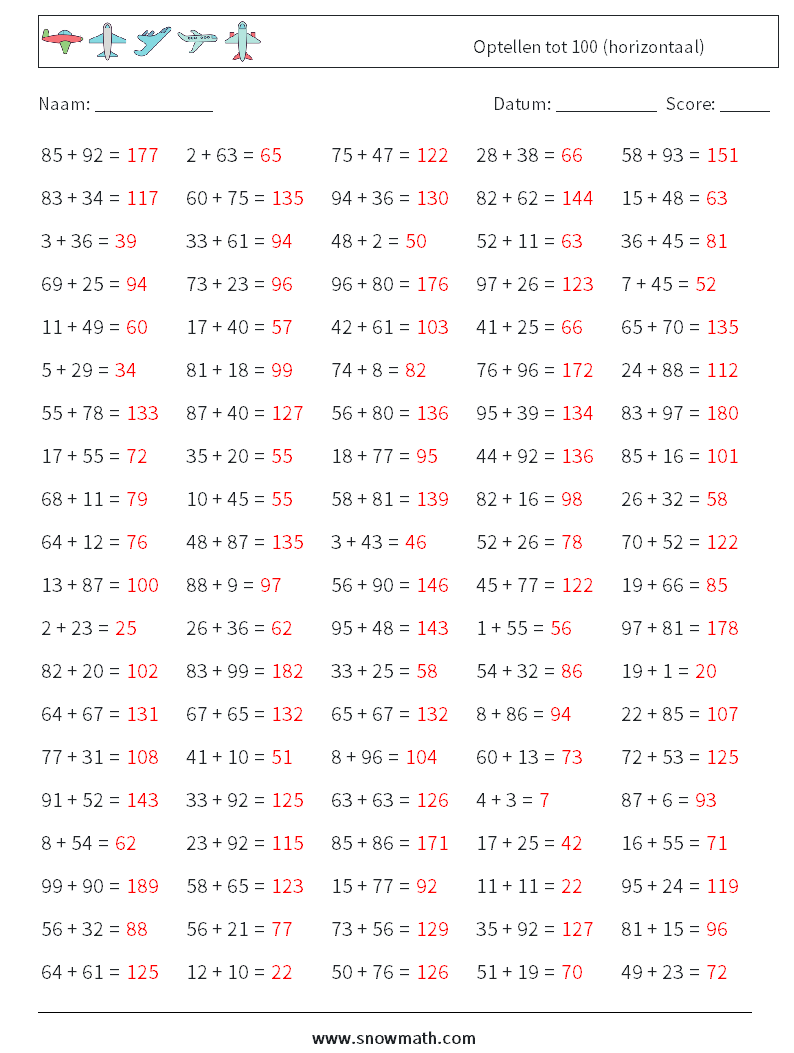 (100) Optellen tot 100 (horizontaal) Wiskundige werkbladen 7 Vraag, Antwoord