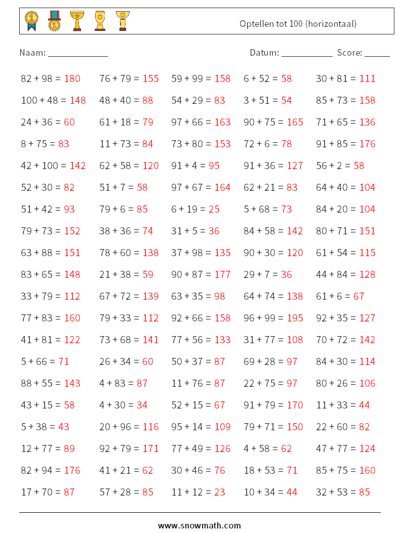(100) Optellen tot 100 (horizontaal) Wiskundige werkbladen 8 Vraag, Antwoord