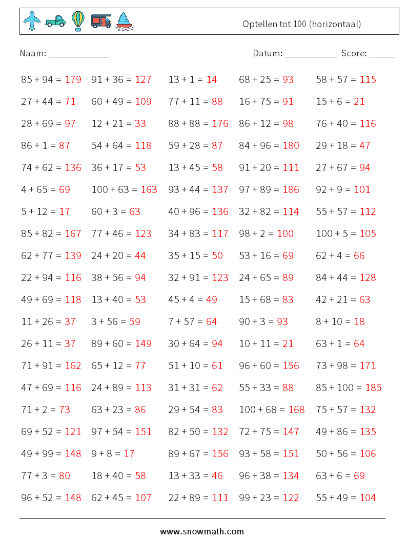 (100) Optellen tot 100 (horizontaal) Wiskundige werkbladen 9 Vraag, Antwoord