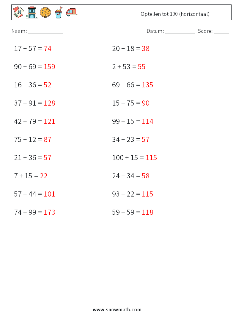 (20) Optellen tot 100 (horizontaal) Wiskundige werkbladen 4 Vraag, Antwoord