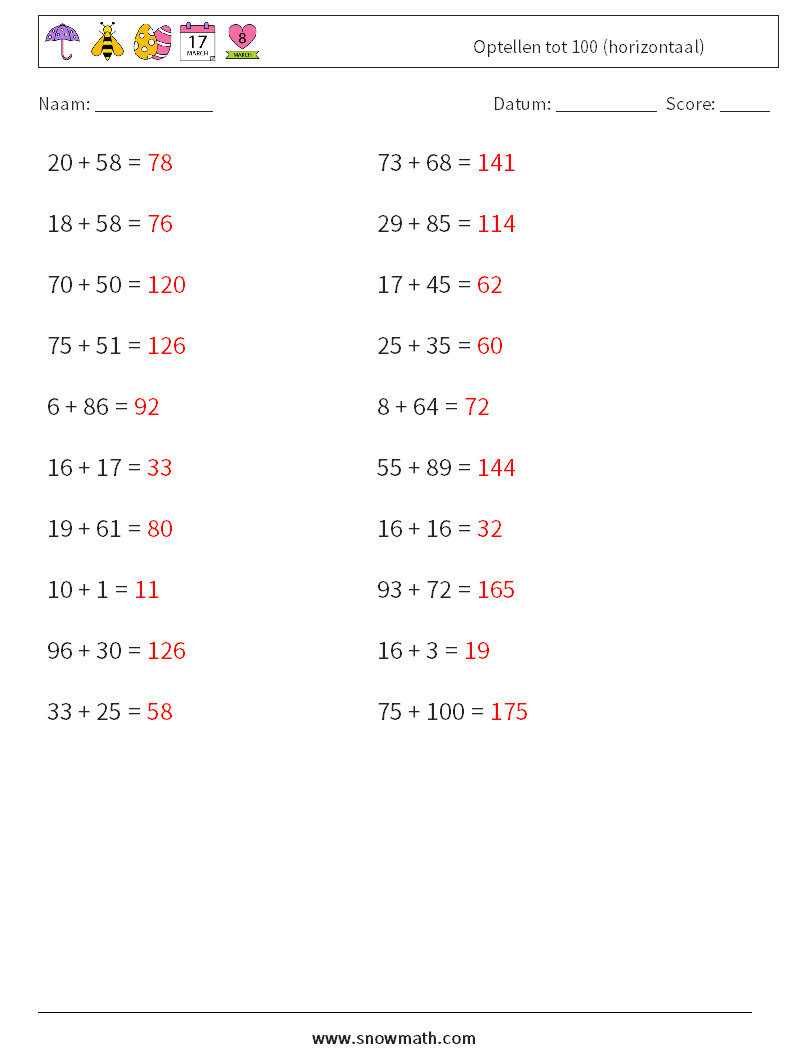 (20) Optellen tot 100 (horizontaal) Wiskundige werkbladen 9 Vraag, Antwoord