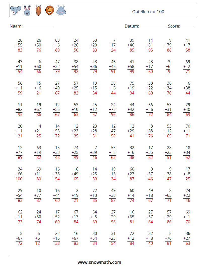 (100) Optellen tot 100 Wiskundige werkbladen 10 Vraag, Antwoord