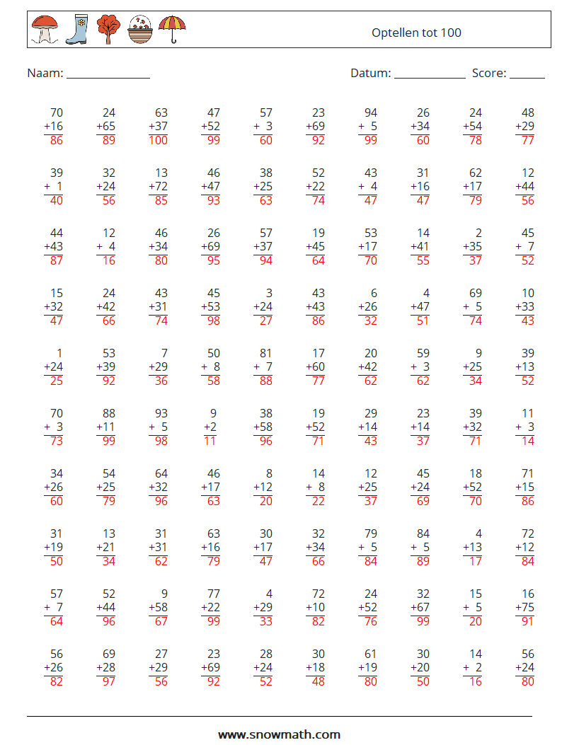 (100) Optellen tot 100 Wiskundige werkbladen 11 Vraag, Antwoord