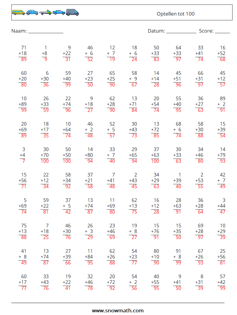 (100) Optellen tot 100 Wiskundige werkbladen 15 Vraag, Antwoord
