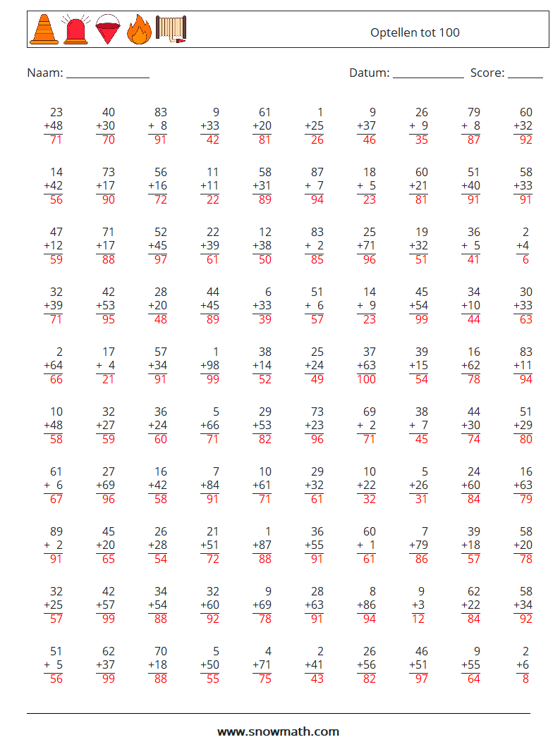 (100) Optellen tot 100 Wiskundige werkbladen 16 Vraag, Antwoord
