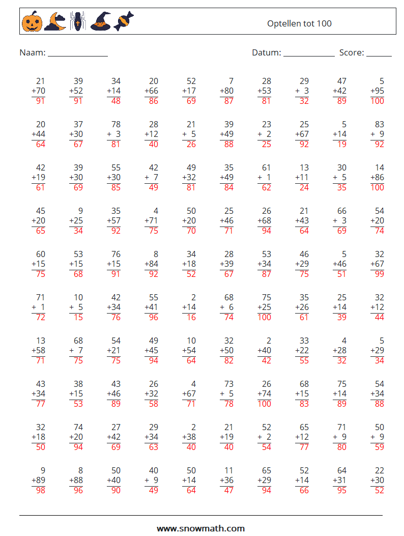 (100) Optellen tot 100 Wiskundige werkbladen 17 Vraag, Antwoord