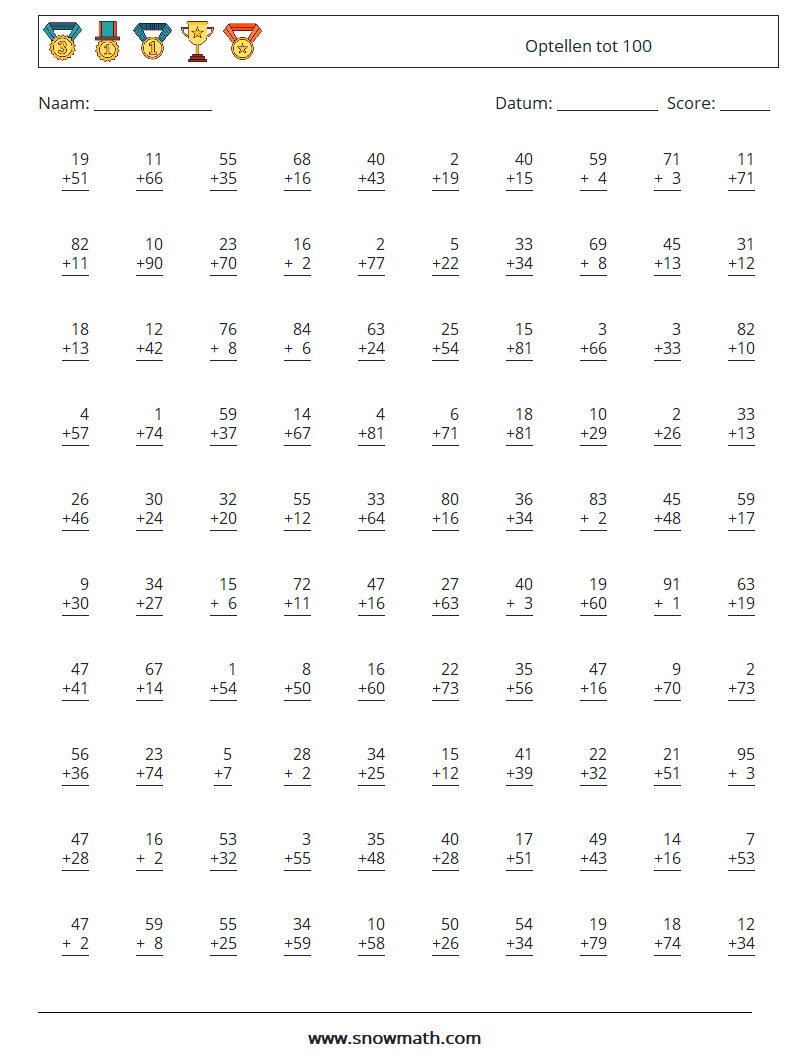 (100) Optellen tot 100 Wiskundige werkbladen 18