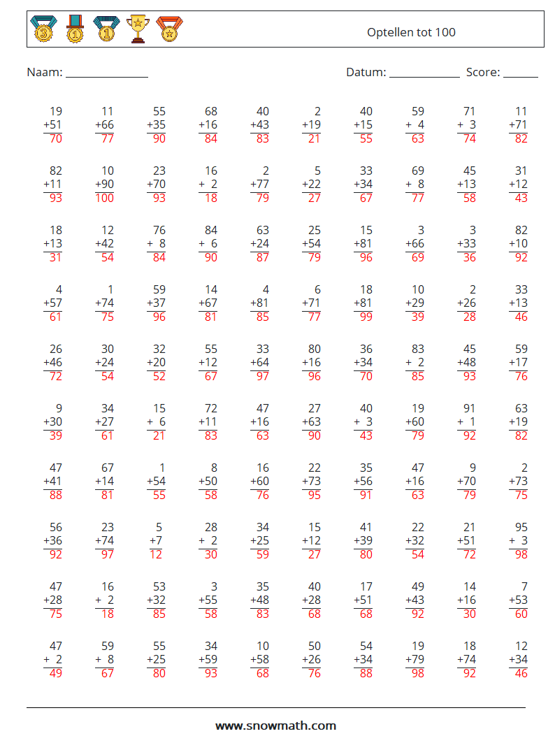 (100) Optellen tot 100 Wiskundige werkbladen 18 Vraag, Antwoord