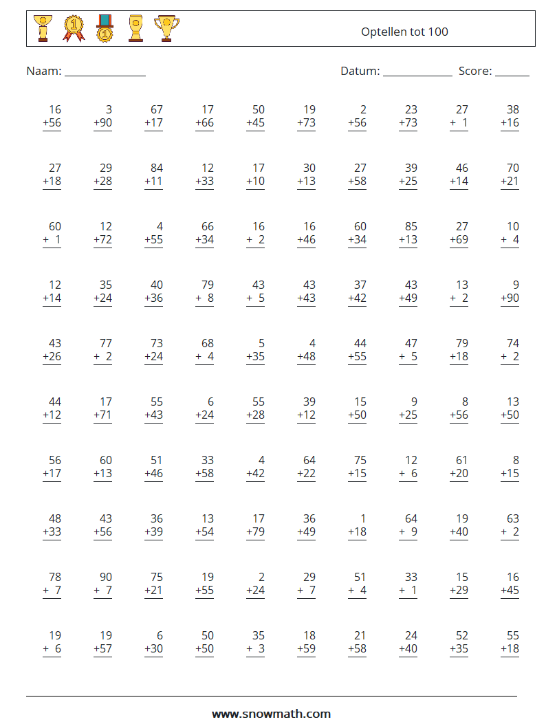 (100) Optellen tot 100 Wiskundige werkbladen 2