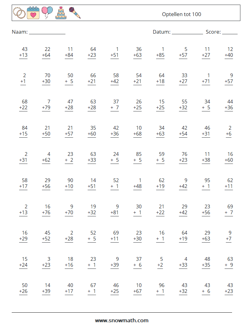 (100) Optellen tot 100 Wiskundige werkbladen 3