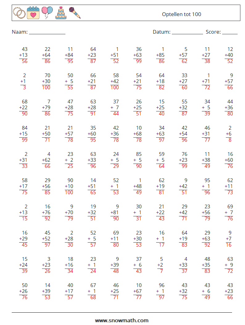 (100) Optellen tot 100 Wiskundige werkbladen 3 Vraag, Antwoord