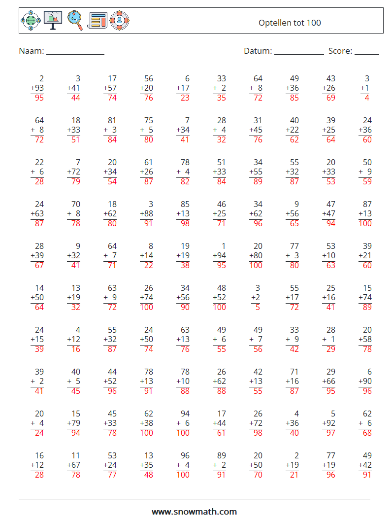 (100) Optellen tot 100 Wiskundige werkbladen 4 Vraag, Antwoord