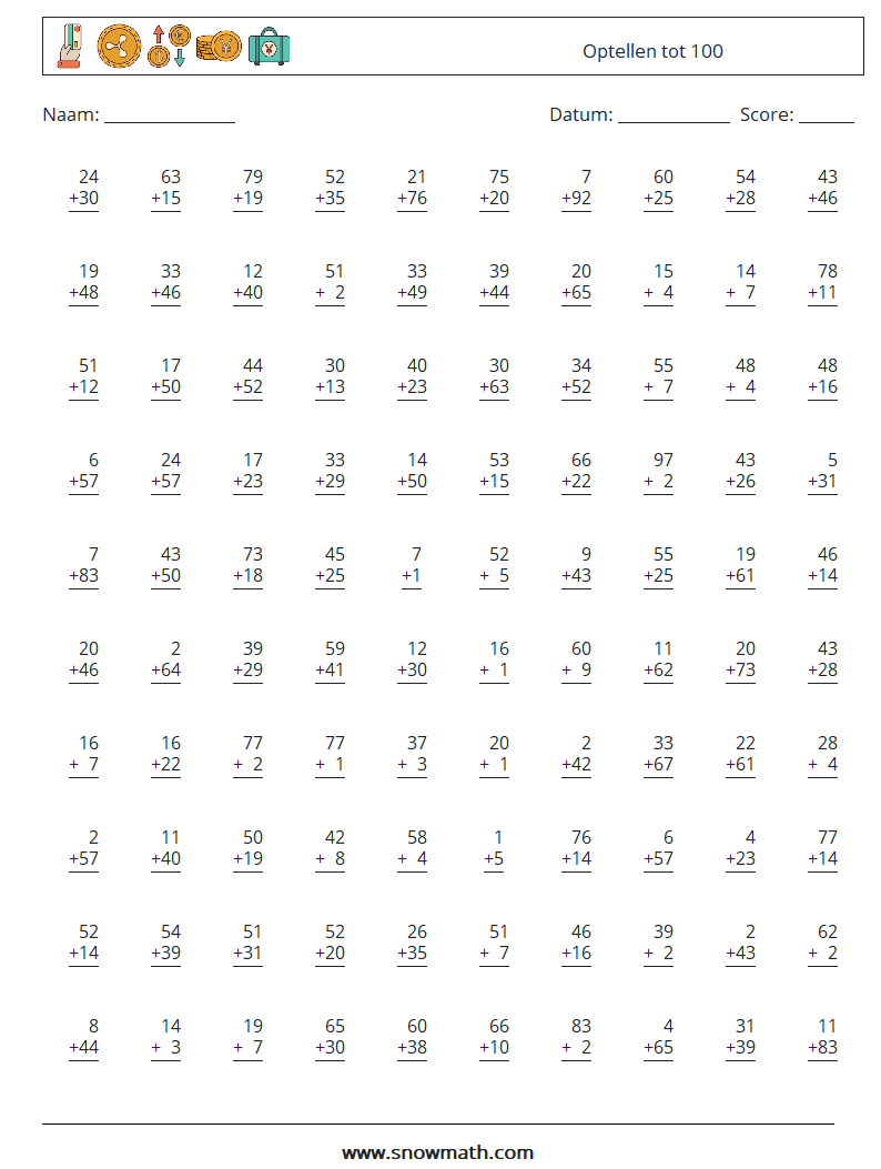 (100) Optellen tot 100 Wiskundige werkbladen 6