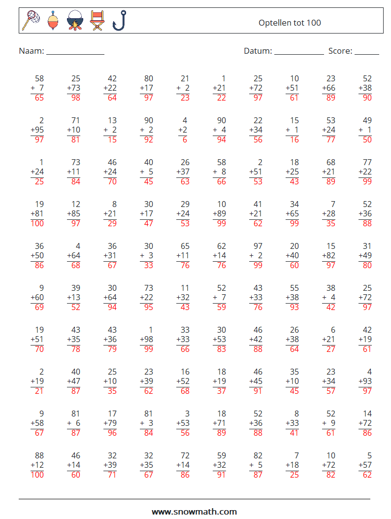(100) Optellen tot 100 Wiskundige werkbladen 7 Vraag, Antwoord