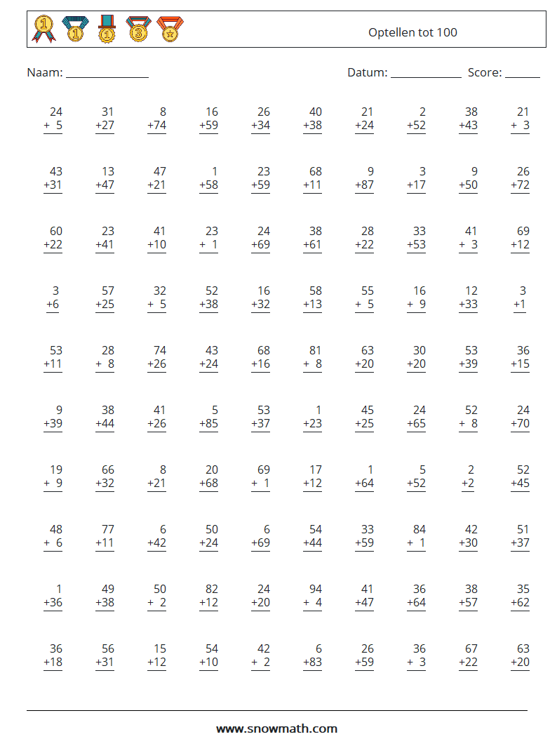 (100) Optellen tot 100 Wiskundige werkbladen 8