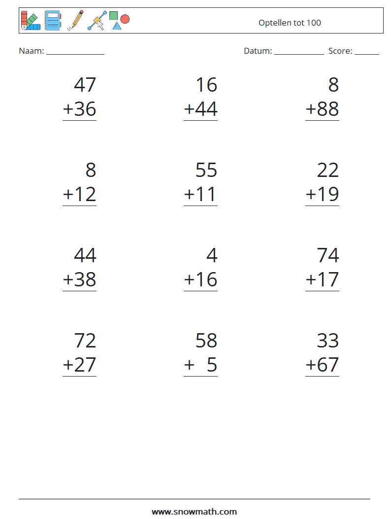 (12) Optellen tot 100 Wiskundige werkbladen 10