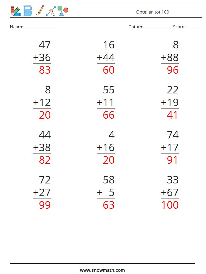 (12) Optellen tot 100 Wiskundige werkbladen 10 Vraag, Antwoord