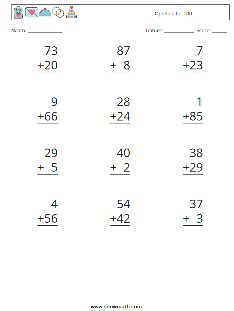 (12) Optellen tot 100 Wiskundige werkbladen 12
