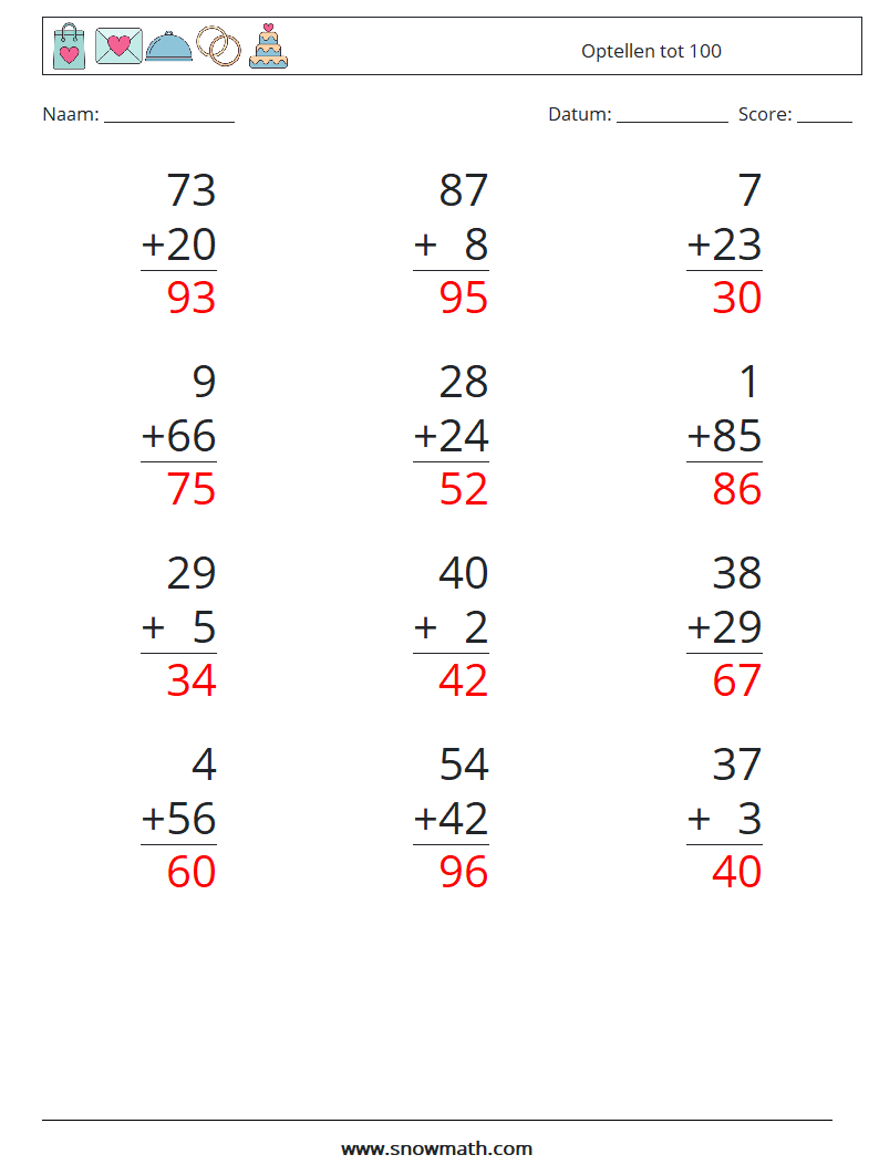 (12) Optellen tot 100 Wiskundige werkbladen 12 Vraag, Antwoord