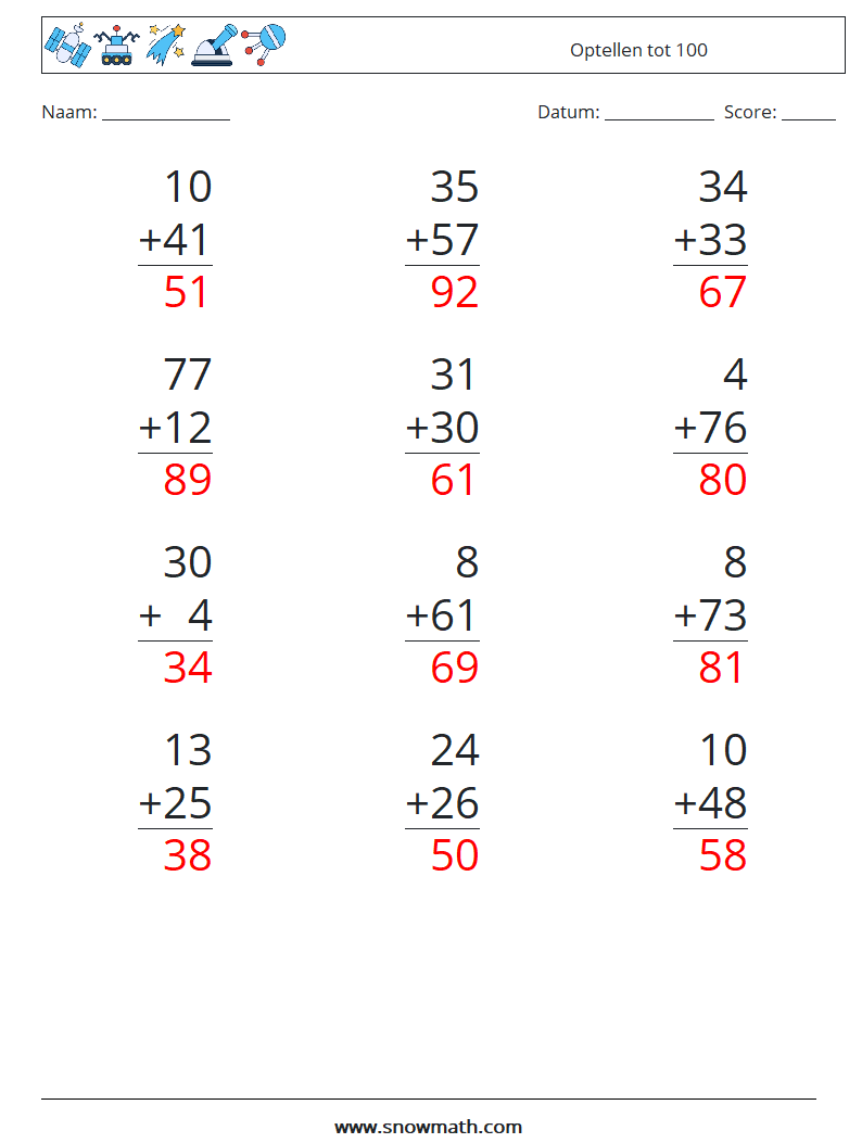 (12) Optellen tot 100 Wiskundige werkbladen 13 Vraag, Antwoord