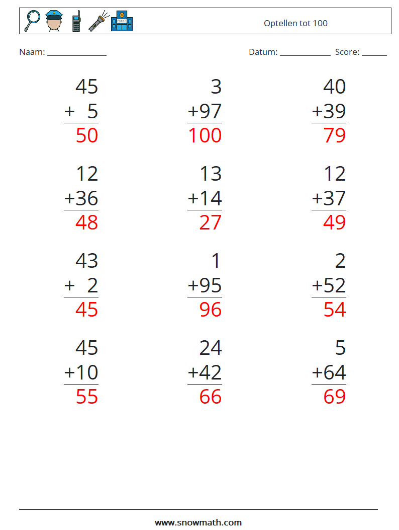 (12) Optellen tot 100 Wiskundige werkbladen 15 Vraag, Antwoord