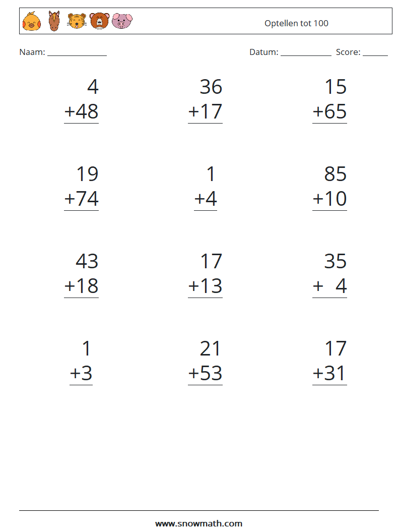 (12) Optellen tot 100 Wiskundige werkbladen 16