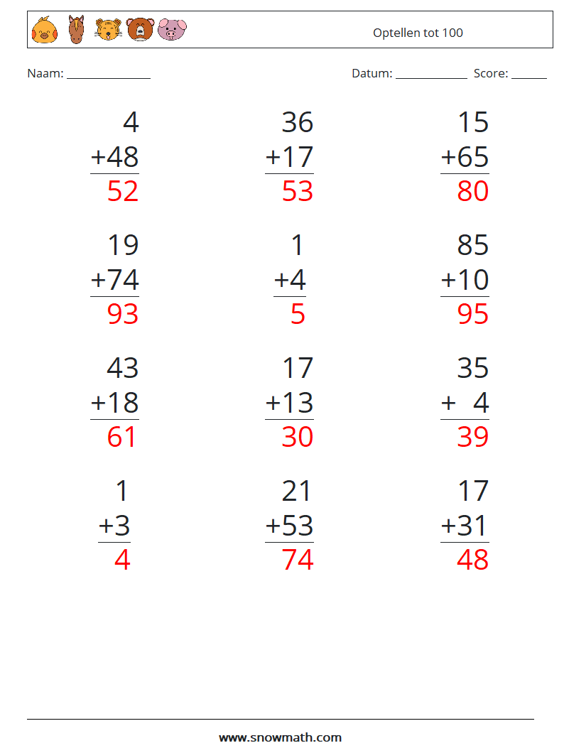 (12) Optellen tot 100 Wiskundige werkbladen 16 Vraag, Antwoord